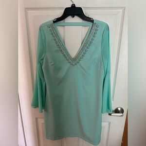 the clothing company Mint Green Long Sleeve V-Neck Dress with Beaded Trim
